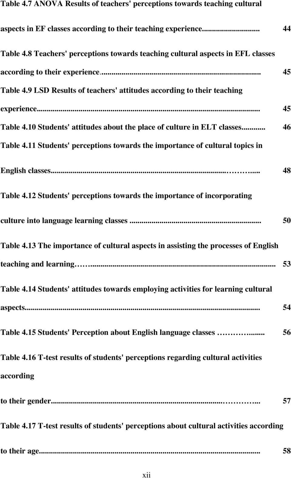 .. 45 Table 4.10 Students' attitudes about the place of culture in ELT classes... 46 Table 4.11 Students' perceptions towards the importance of cultural topics in English classes...... 48 Table 4.