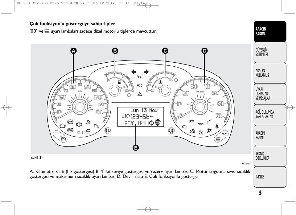 motorlu tiplerde mevcuttur. şekil 3 F0T0401 A. Kilometre saati (hýz göstergesi) B.