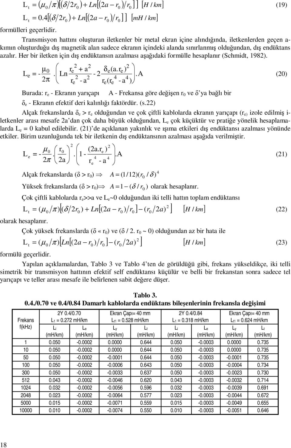 endüktans azalır. Her bir iletken için dış endüktansın azalması aşağıdaki formülle hesaplanır (Schmidt, 198). µ L =-. Ln r e +a δe(a.r e) e - π r -a r(r -a ).