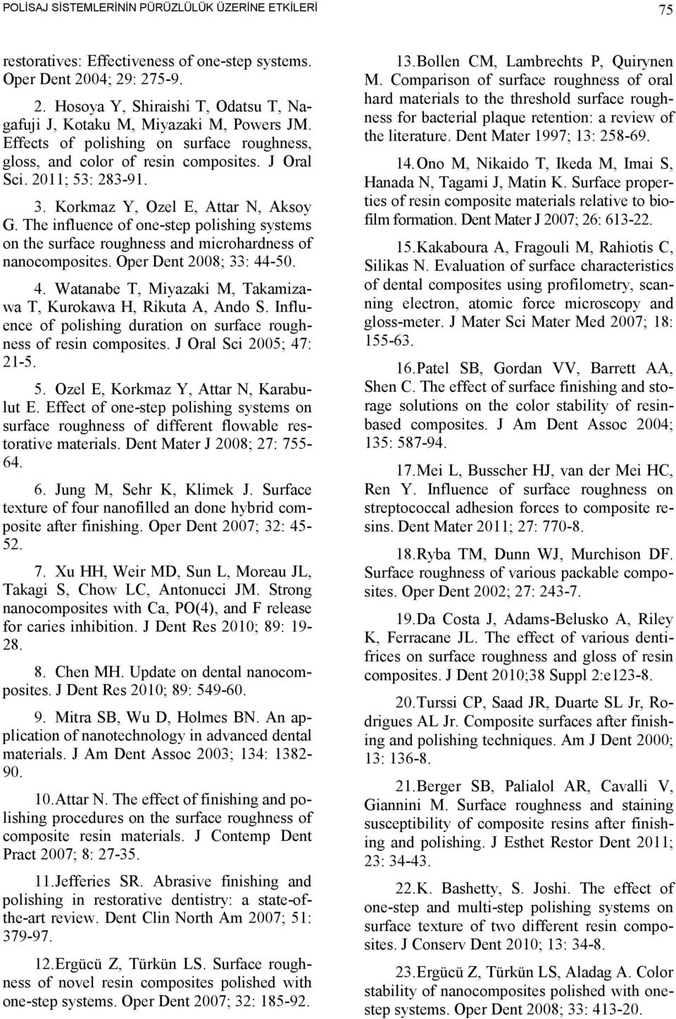 The influence of one-step polishing systems on the surface roughness and microhardness of nanocomposites. Oper Dent 2008; 33: 44-50. 4. Watanabe T, Miyazaki M, Takamizawa T, Kurokawa H, Rikuta A, Ando S.