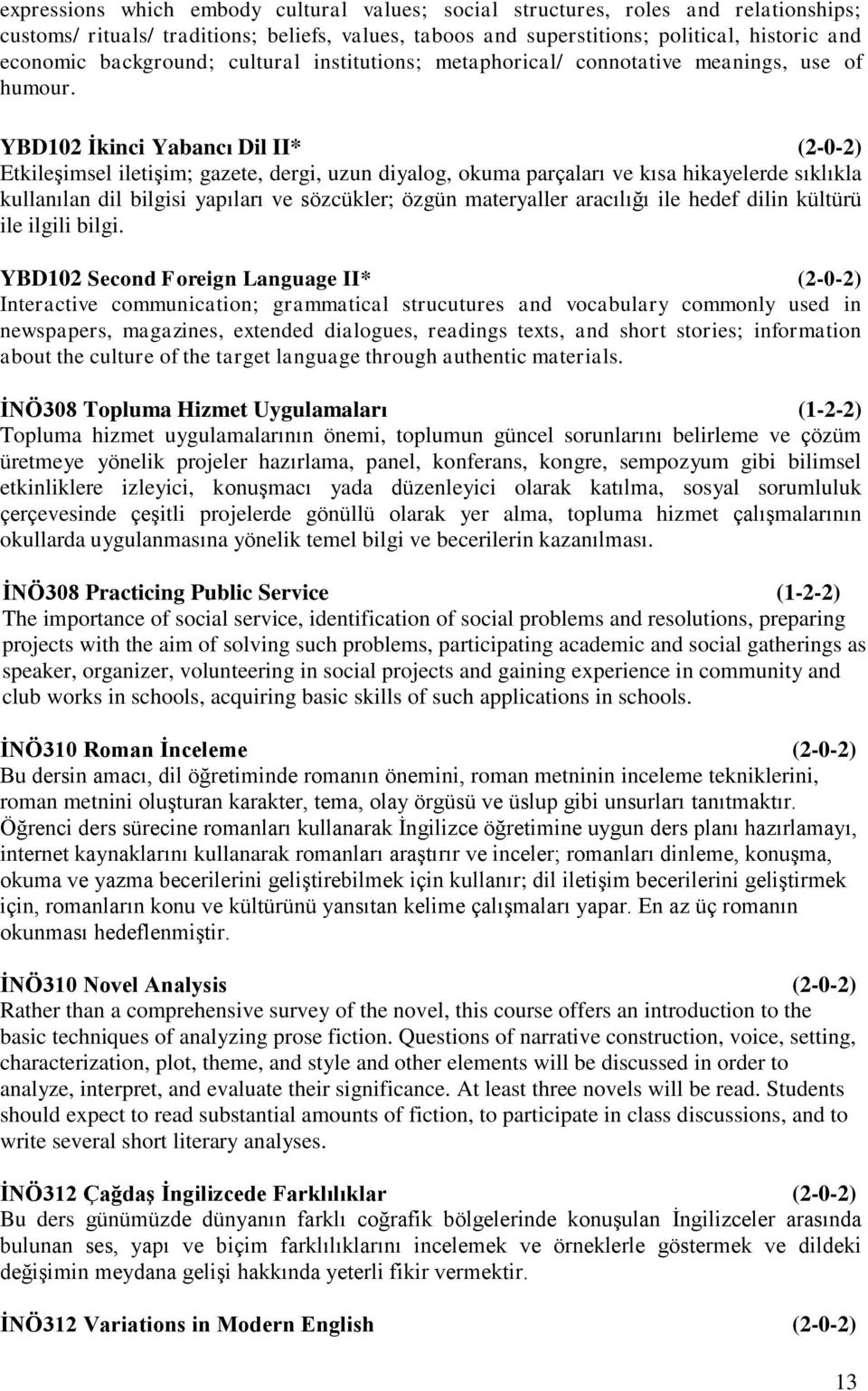 YBD102 İkinci Yabancı Dil II* (2-0-2) Etkileşimsel iletişim; gazete, dergi, uzun diyalog, okuma parçaları ve kısa hikayelerde sıklıkla kullanılan dil bilgisi yapıları ve sözcükler; özgün materyaller