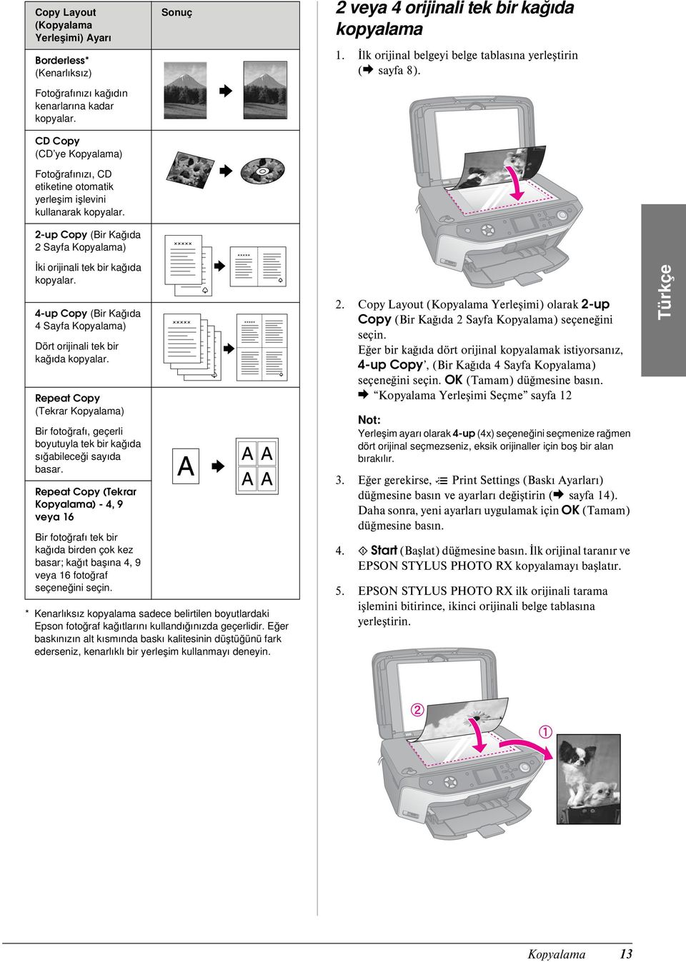 İlk orijinal belgeyi belge tablasına yerleştirin (& sayfa 8). İki orijinali tek bir kağıda kopyalar. 4-up Copy (Bir Kağıda 4 Sayfa Kopyalama) Dört orijinali tek bir kağıda kopyalar.