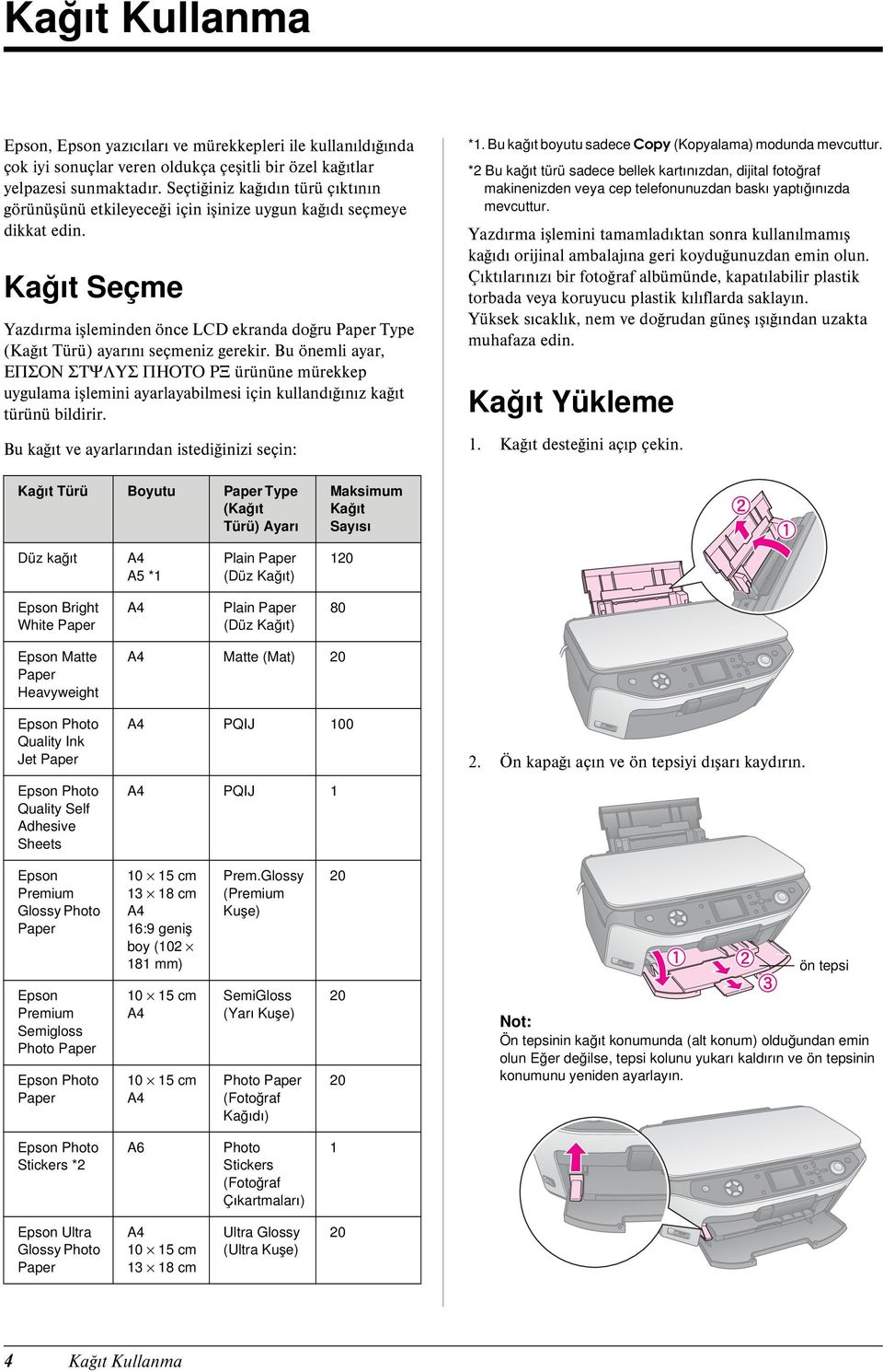 Kağıt Seçme Yazdırma işleminden önce LCD ekranda doğru Paper Type (Kağıt Türü) ayarını seçmeniz gerekir.