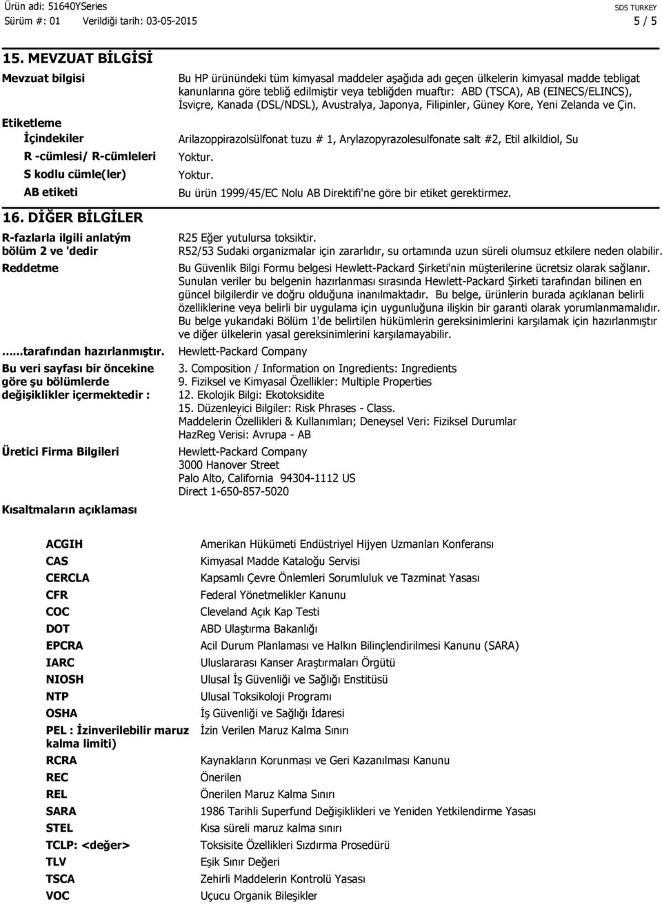 Bu veri sayfası bir öncekine göre şu bölümlerde değişiklikler içermektedir : Üretici Firma Bilgileri Kısaltmaların açıklaması Bu HP ürünündeki tüm kimyasal maddeler aşağıda adı geçen ülkelerin