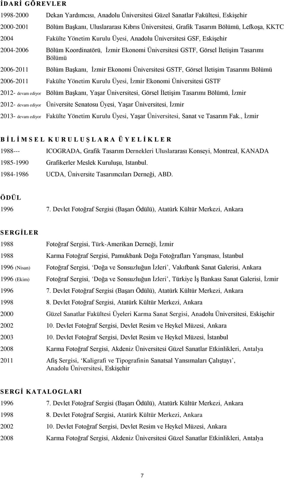 Ekonomi Üniversitesi GSTF, Görsel İletişim Tasarımı Bölümü 2006-2011 Fakülte Yönetim Kurulu Üyesi, İzmir Ekonomi Üniversitesi GSTF 2012- devam ediyor Bölüm Başkanı, Yaşar Üniversitesi, Görsel