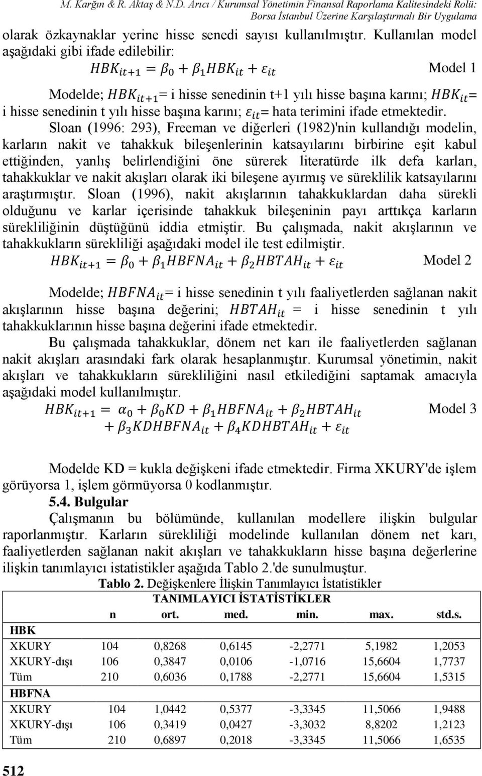 Kullanılan model aşağıdaki gibi ifade edilebilir: HHHHHH iiii+1 = ββ 0 + ββ 1 HHHHHH iiii + εε iiii Model 1 Modelde; HHHHHH iiii+1 = i hisse senedinin t+1 yılı hisse başına karını; HHHHHH iiii = i