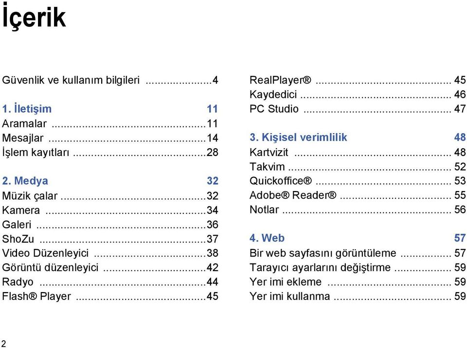 .. 45 Kaydedici... 46 PC Studio... 47 3. Kişisel verimlilik 48 Kartvizit... 48 Takvim... 52 Quickoffice... 53 Adobe Reader.