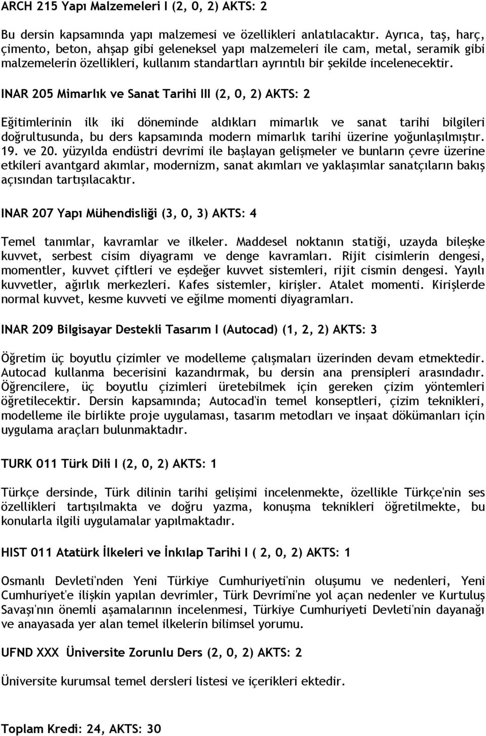 INAR 205 Mimarlık ve Sanat Tarihi III (2, 0, 2) AKTS: 2 Eğitimlerinin ilk iki döneminde aldıkları mimarlık ve sanat tarihi bilgileri doğrultusunda, bu ders kapsamında modern mimarlık tarihi üzerine