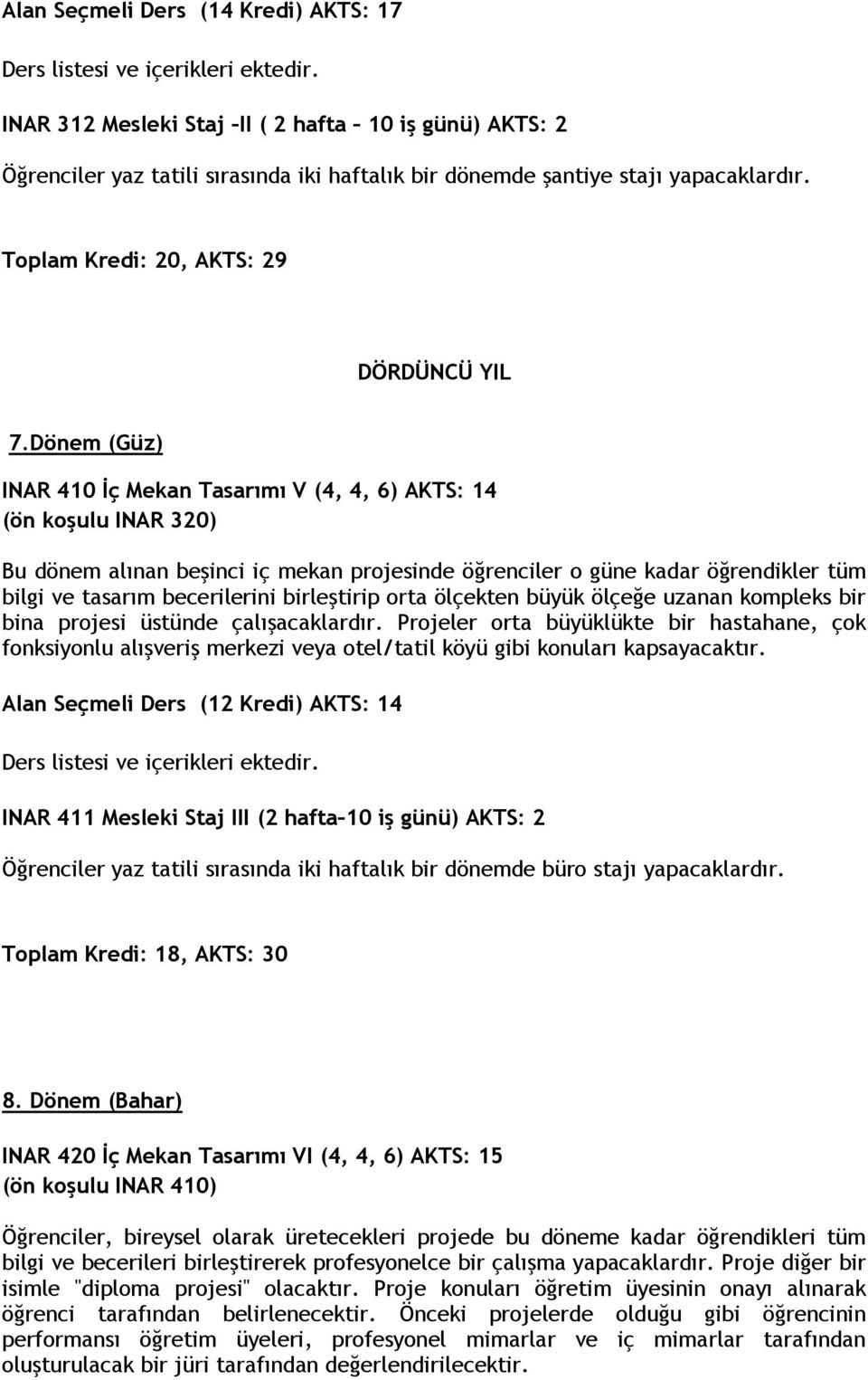 Dönem (Güz) INAR 410 İç Mekan Tasarımı V (4, 4, 6) AKTS: 14 (ön koşulu INAR 320) Bu dönem alınan beşinci iç mekan projesinde öğrenciler o güne kadar öğrendikler tüm bilgi ve tasarım becerilerini