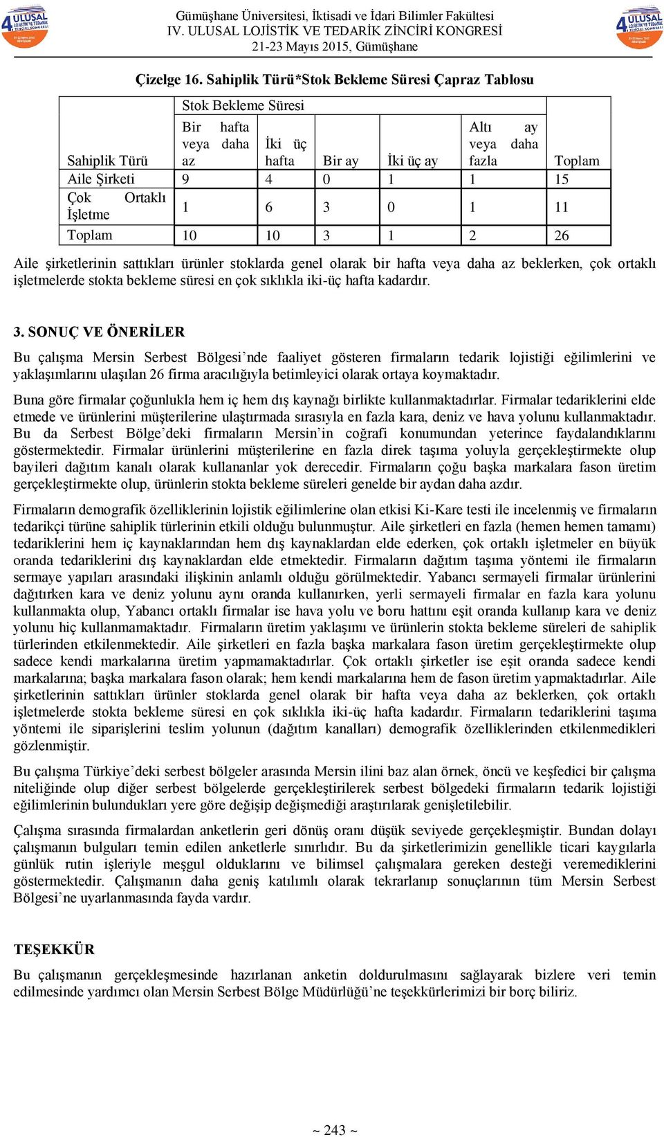 Ortaklı İşletme 1 6 3 0 1 11 Toplam 10 10 3 1 2 26 Aile şirketlerinin sattıkları ürünler stoklarda genel olarak bir hafta veya daha az beklerken, çok ortaklı işletmelerde stokta bekleme süresi en çok