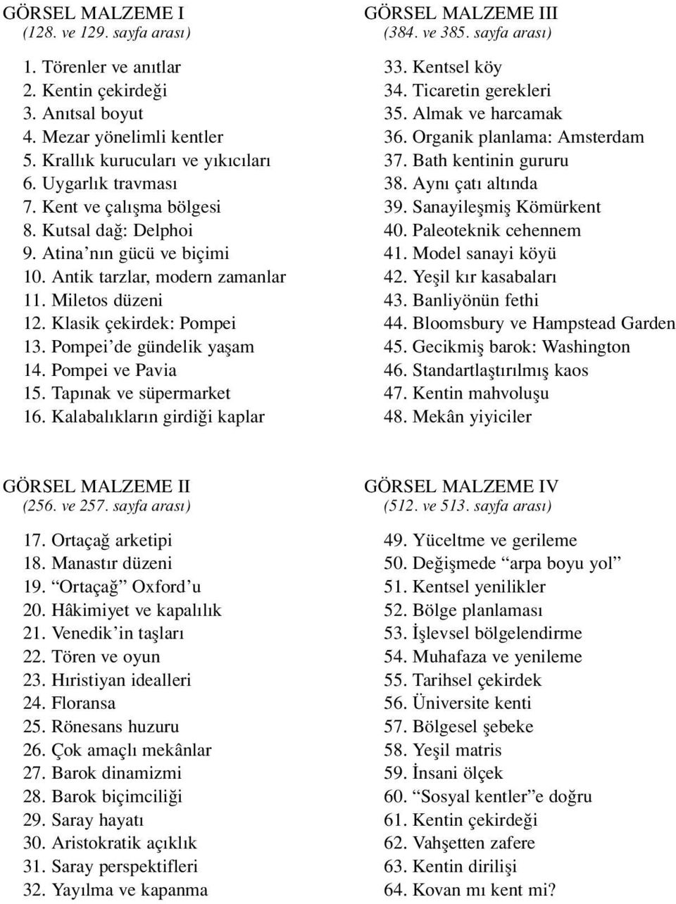 Pompei ve Pavia 15. Tap nak ve süpermarket 16. Kalabal klar n girdi i kaplar GÖRSEL MALZEME III (384. ve 385. sayfa aras ) 33. Kentsel köy 34. Ticaretin gerekleri 35. Almak ve harcamak 36.