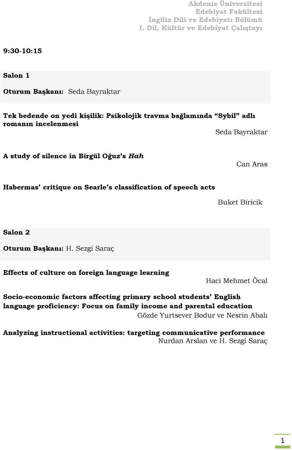 Sezgi Saraç Effects of culture on foreign language learning Haci Mehmet Öcal Socio-economic factors affecting primary school students English language proficiency: