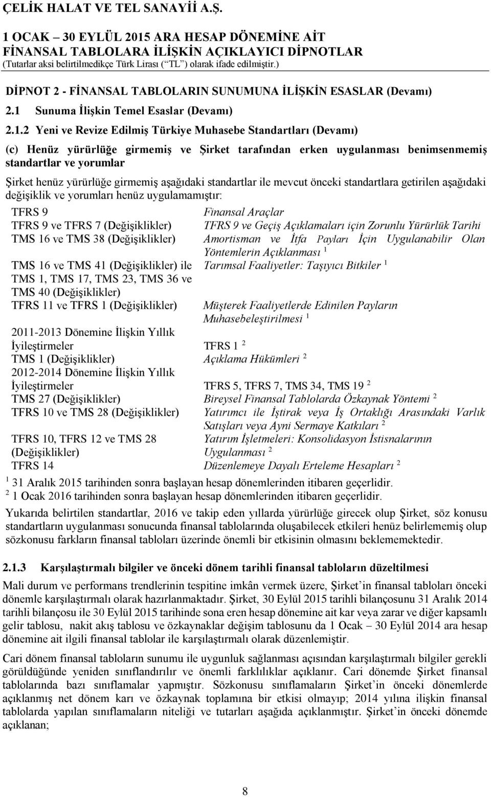 2 Yeni ve Revize Edilmiş Türkiye Muhasebe Standartları (Devamı) (c) Henüz yürürlüğe girmemiş ve Şirket tarafından erken uygulanması benimsenmemiş standartlar ve yorumlar Şirket henüz yürürlüğe