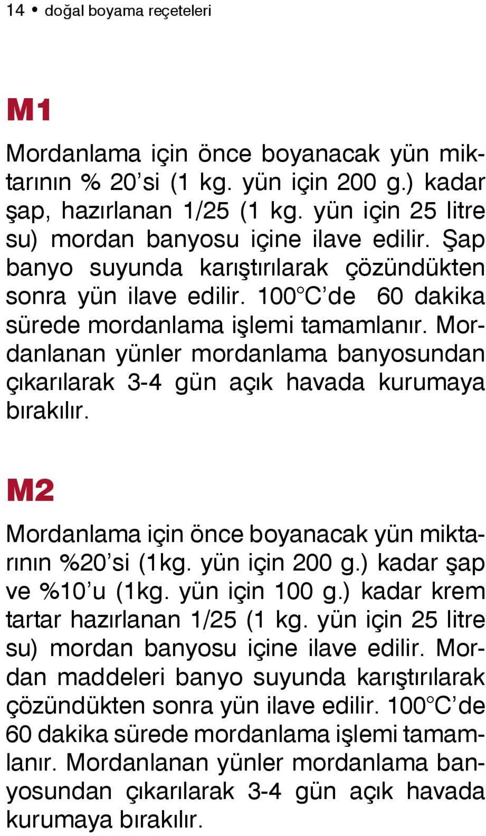 Mordanlanan yünler mordanlama banyosundan çıkarılarak 3-4 gün açık havada kurumaya bırakılır. M2 Mordanlama için önce boyanacak yün miktarının %20 si (1kg. yün için 200 g.) kadar şap ve %10 u (1kg.