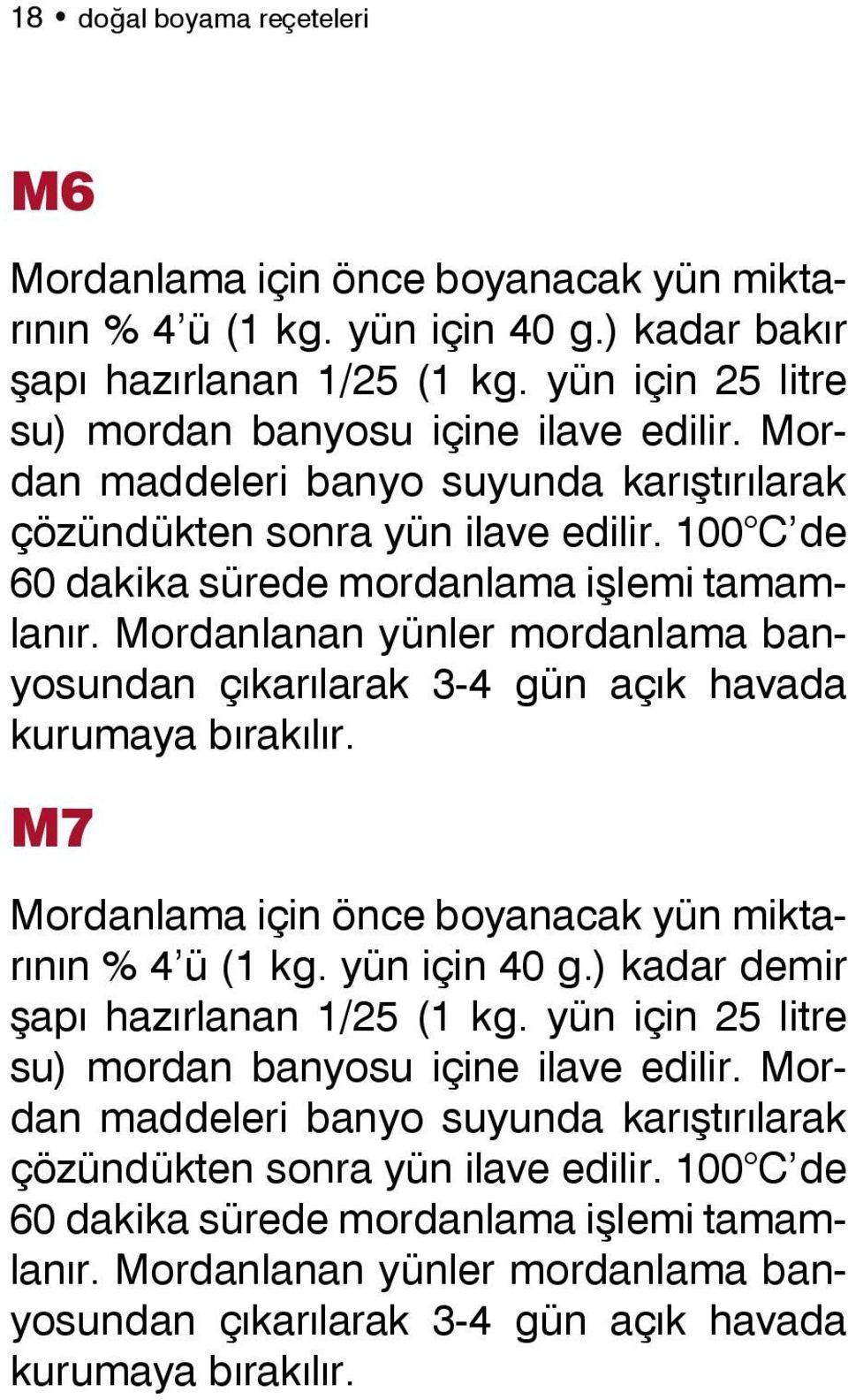 Mordanlanan yünler mordanlama banyosundan çıkarılarak 3-4 gün açık havada kurumaya bırakılır. M7 Mordanlama için önce boyanacak yün miktarının % 4 ü (1 kg. yün için 40 g.