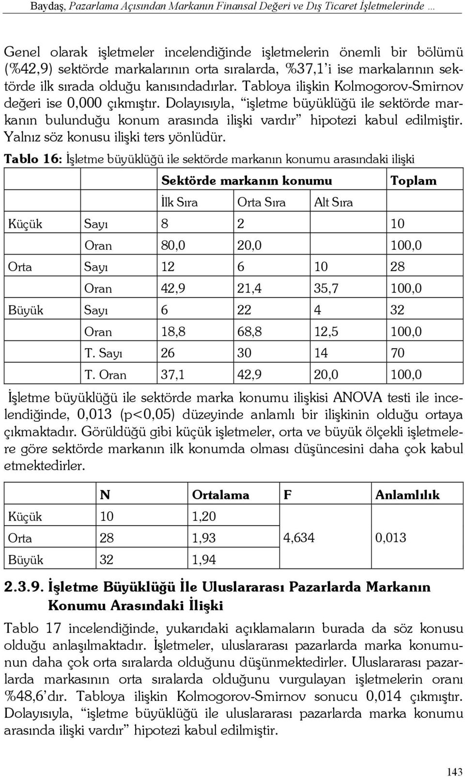 Dolayısıyla, işletme büyüklüğü ile sektörde markanın bulunduğu konum arasında ilişki vardır hipotezi kabul edilmiştir. Yalnız söz konusu ilişki ters yönlüdür.