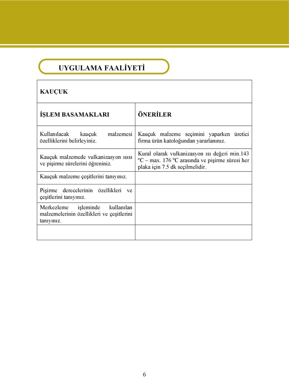 Kauçuk malzeme seçimini yaparken üretici firma ürün katoloğundan yararlanınız. Kural olarak vulkanizasyon ısı değeri min.143 ºC max.