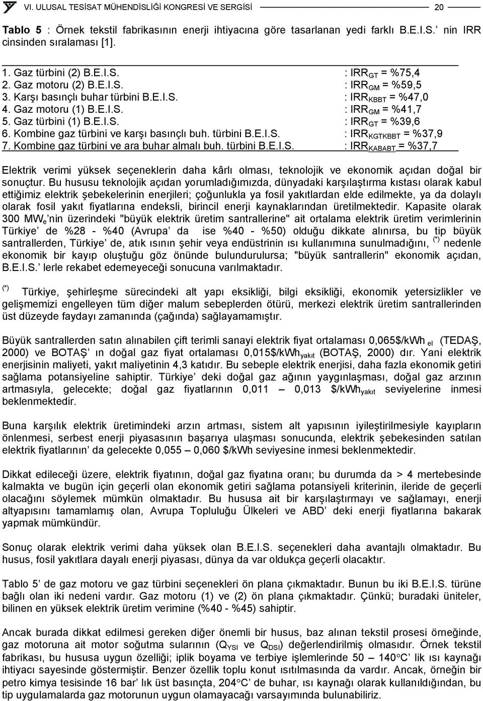 türbini B.E.I.S. : IRR KGTKBBT = %37,9 7. Kombine gaz türbini ve ara buhar almalı buh. türbini B.E.I.S. : IRR KABABT = %37,7 Elektrik verimi yüksek seçeneklerin daha kârlı olması, teknolojik ve ekonomik açıdan doğal bir sonuçtur.