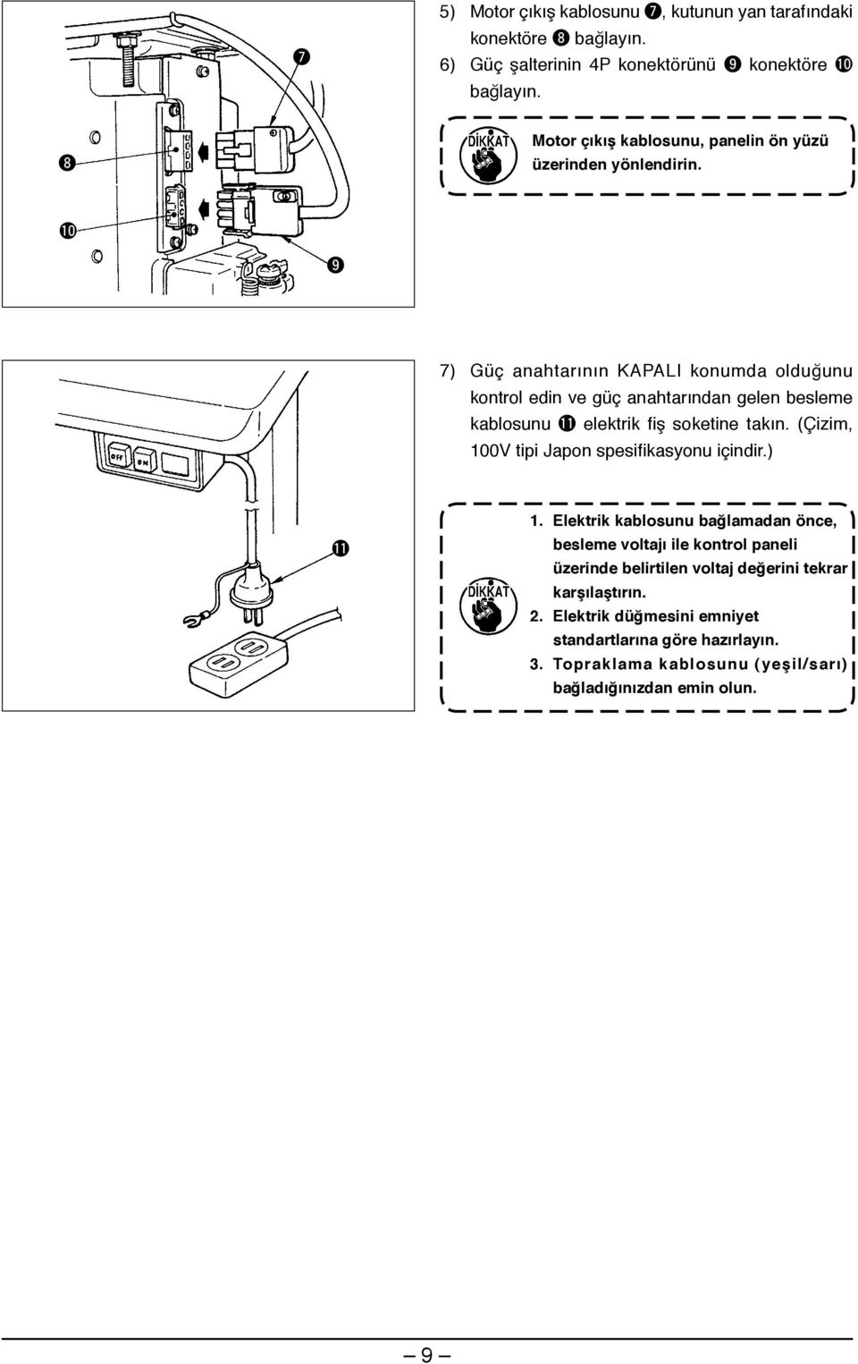 !0 9 7) Güç anahtarının KAPALI konumda olduğunu kontrol edin ve güç anahtarından gelen besleme kablosunu! elektrik fiş soketine takın.