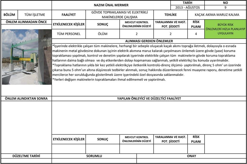 gövde (şase) koruma topraklaması yapılmalı, kontrol ve denetim yapılarak işyerinde elektrikle çalışan tüm makinelerin gövde koruma topraklama hatlarının daima bağlı olması ve dış etkenlerden dolayı