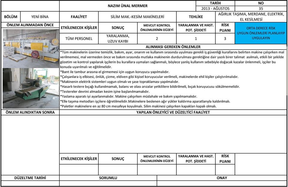 uyulması gerekli iş güvenliği kurallarını belirten makine çalışırken mal verilmemesi, mal vermeden önce ve bakım sırasında mutlaka makinenin durdurulması gerektiğine dair yazılı birer talimat