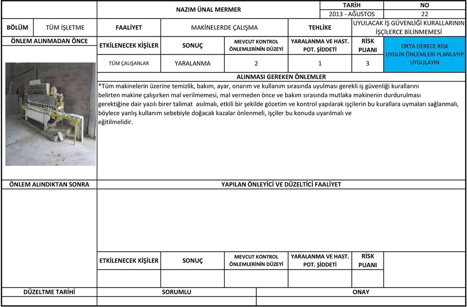 belirten makine çalışırken mal verilmemesi, mal vermeden önce ve bakım sırasında mutlaka makinenin durdurulması gerektiğine dair yazılı birer talimat asılmalı, etkili bir