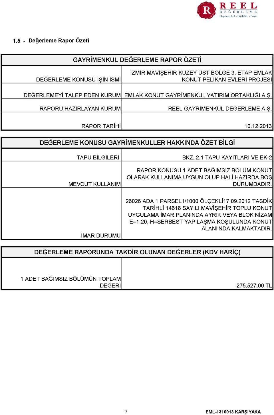 2013 DEĞERLEME KONUSU GAYRİMENKULLER HAKKINDA ÖZET BİLGİ TAPU BİLGİLERİ MEVCUT KULLANIM BKZ. 2.