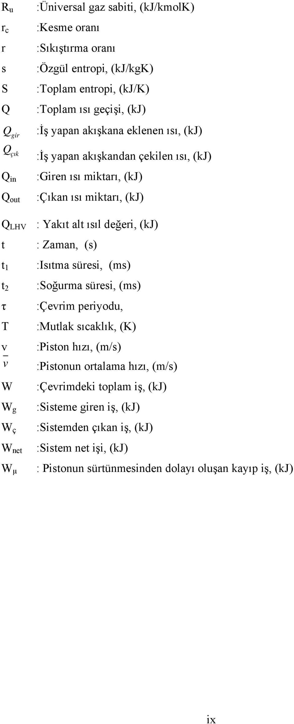 : Zaman, (s) t 1 :Isıtma süresi, (ms) t 2 :Soğurma süresi, (ms) τ :Çevrim periyodu, T :Mutlak sıcaklık, (K) v :Piston hızı, (m/s) v :Pistonun ortalama hızı, (m/s) W