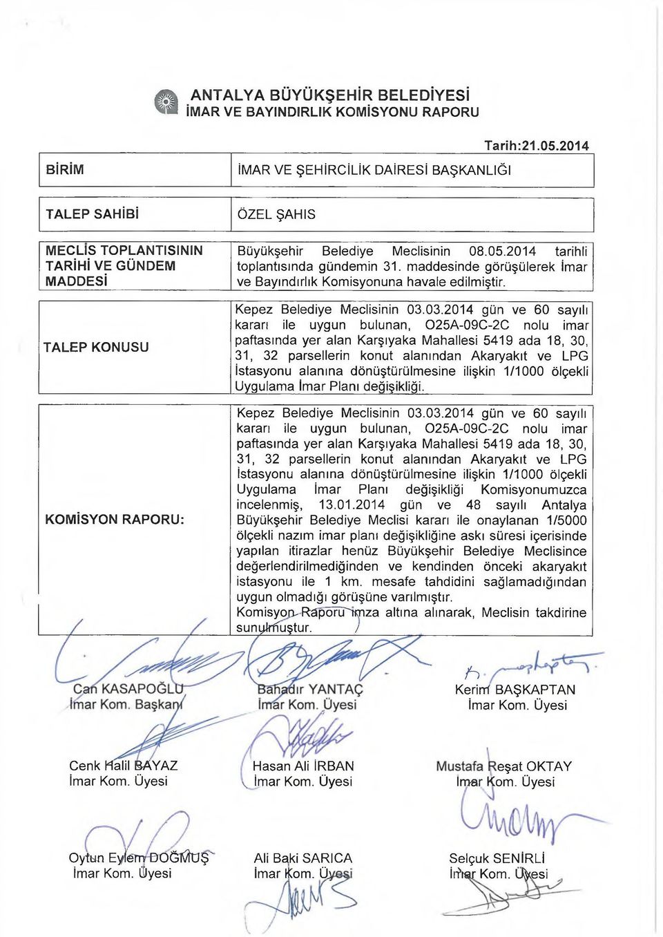 2014 tarihli toplantısında gündemin 31. maddesinde görüşülerek İmar ve Bayındırlık Komisyonuna havale edilmiştir. Kepez Belediye Meclisinin 03.