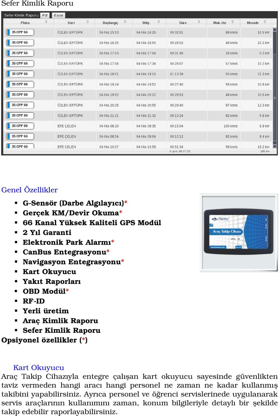 Okuyucu Araç Takip Cihazıyla entegre çalışan kart okuyucu sayesinde güvenlikten taviz vermeden hangi aracı hangi personel ne zaman ne kadar kullanmış takibini