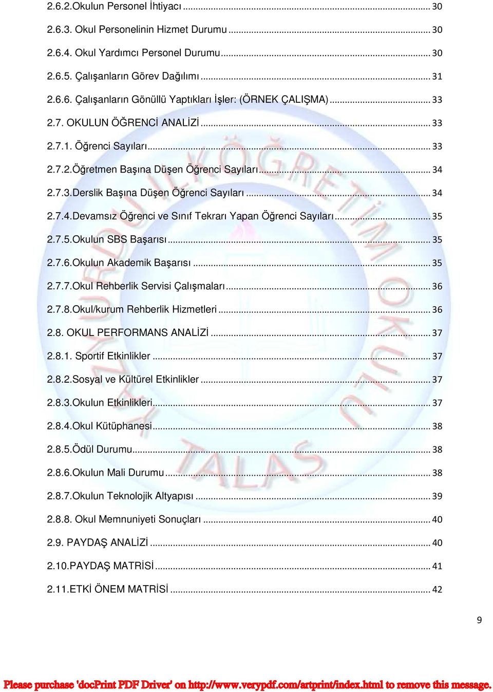 ..35 2.7.5.Okulun SBS Başarısı...35 2.7.6.Okulun Akademik Başarısı...35 2.7.7.Okul Rehberlik Servisi Çalışmaları...36 2.7.8.Okul/kurum Rehberlik Hizmetleri...36 2.8. OKUL PERFORMANS ANALİZİ...37 2.8.1.