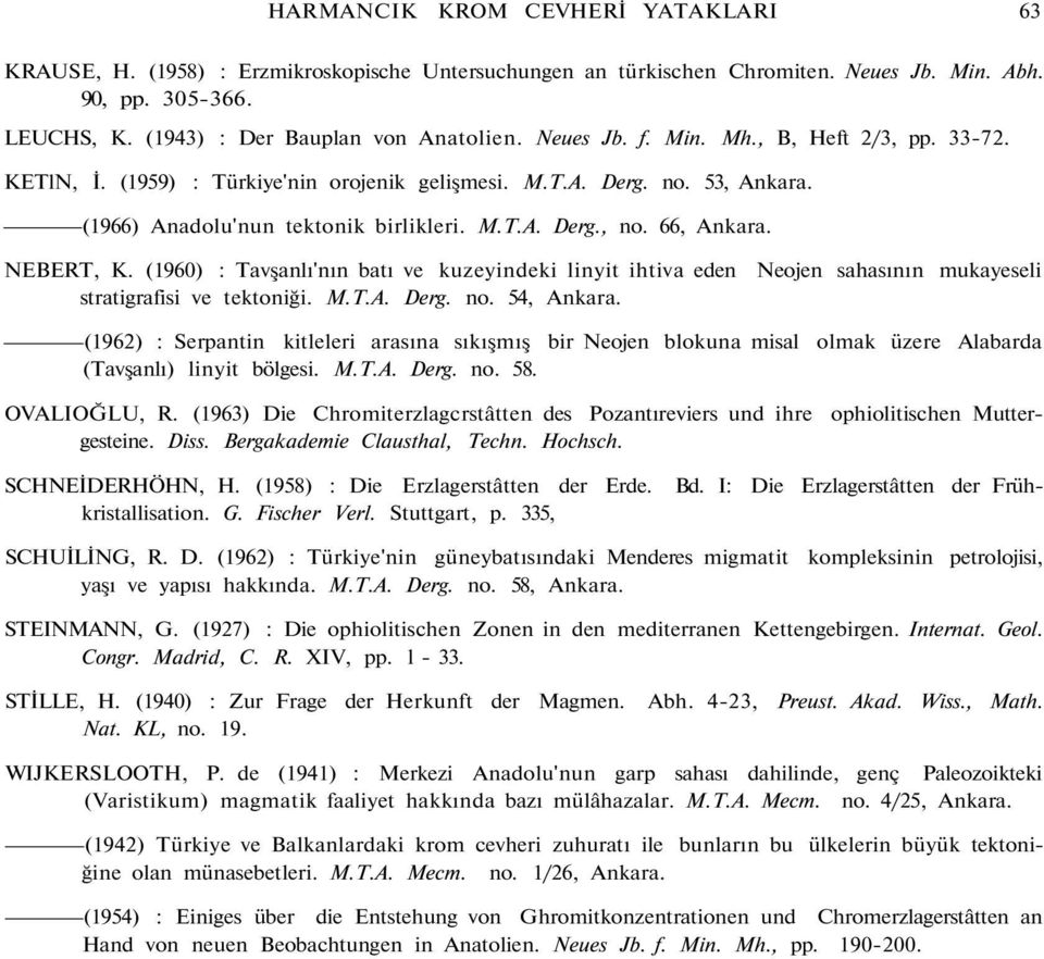 NEBERT, K. (1960) : Tavşanlı'nın batı ve kuzeyindeki linyit ihtiva eden Neojen sahasının mukayeseli stratigrafisi ve tektoniği. M.T.A. Derg. no. 54, Ankara.