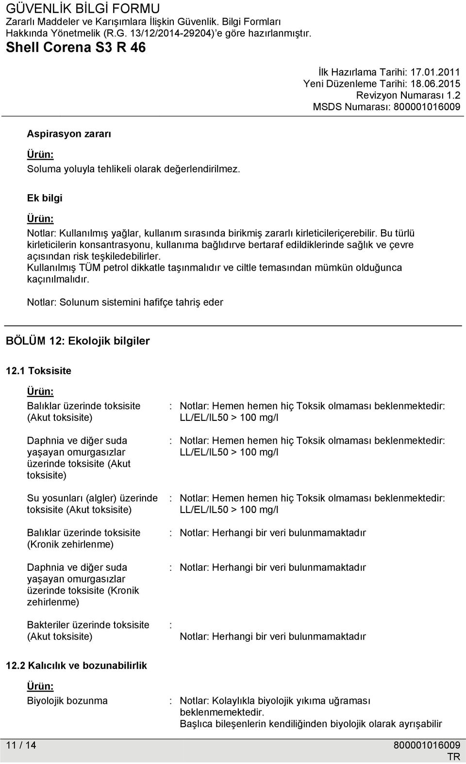 Kullanılmış TÜM petrol dikkatle taşınmalıdır ve ciltle temasından mümkün olduğunca kaçınılmalıdır. Notlar: Solunum sistemini hafifçe tahriş eder BÖLÜM 12: Ekolojik bilgiler 12.