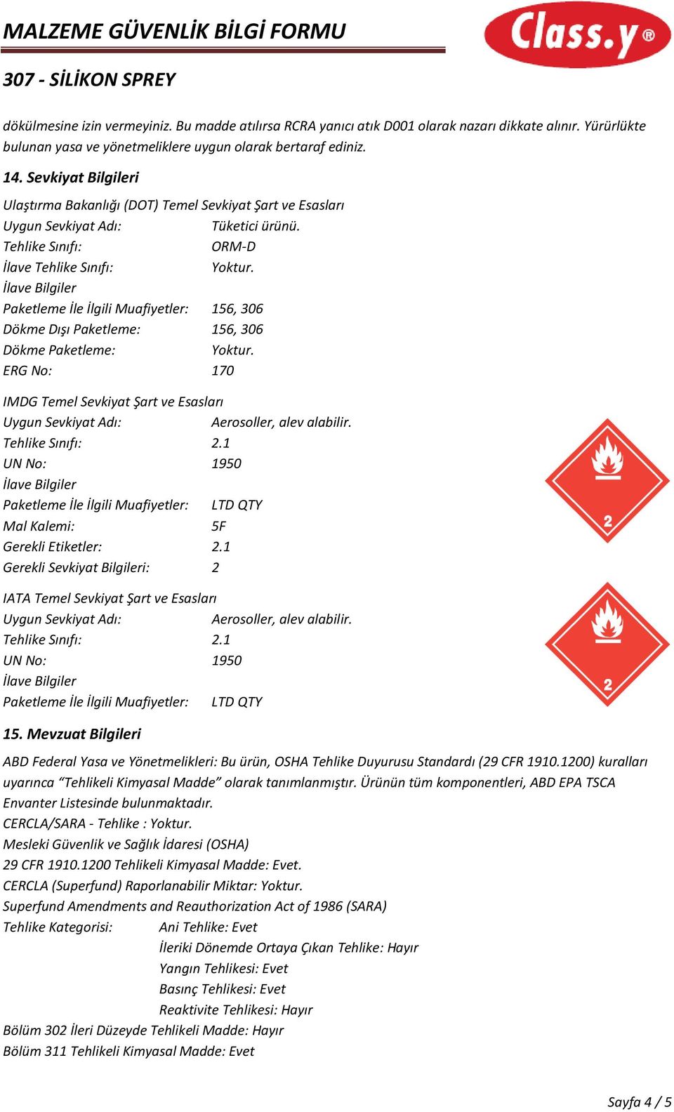 Tehlike Sınıfı: ORM-D İlave Tehlike Sınıfı: Paketleme İle İlgili Muafiyetler: 156, 306 Dökme Dışı Paketleme: 156, 306 Dökme Paketleme: ERG No: 170 IMDG Temel Sevkiyat Şart ve Esasları Aerosoller,