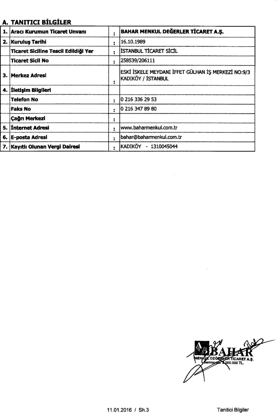 Merkez Adresi ESKI iskele MEYDANI IFFET GULHAN 15 MERKEZI NO:9/3 KADIKOY/ISTANBUL 4.