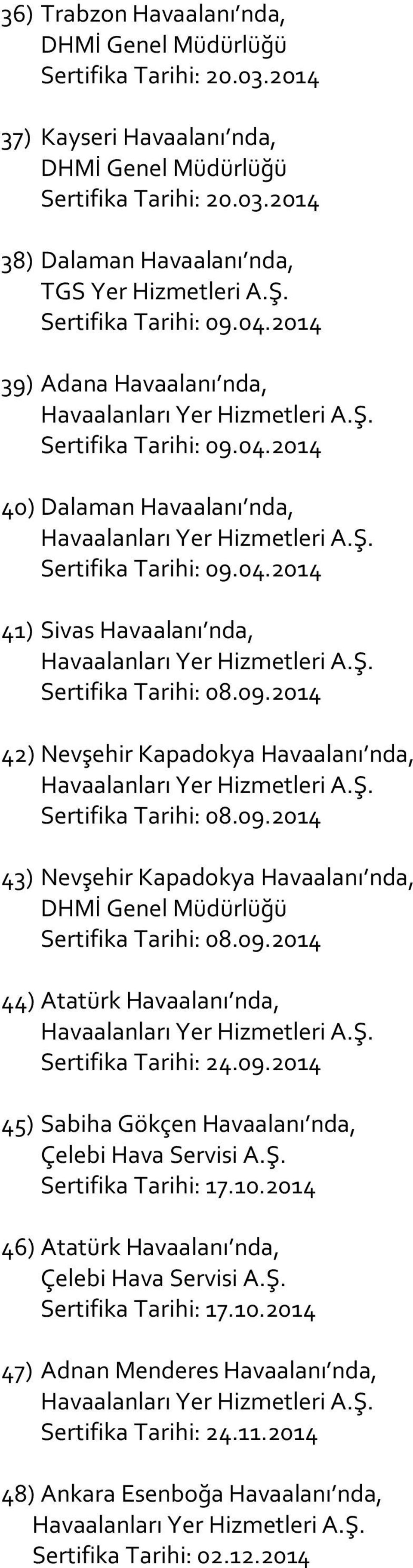 09.2014 43) Nevşehir Kapadokya Havaalanı nda, Sertifika Tarihi: 08.09.2014 44) Atatürk Havaalanı nda, Sertifika Tarihi: 24.09.2014 45) Sabiha Gökçen Havaalanı nda, Sertifika Tarihi: 17.10.