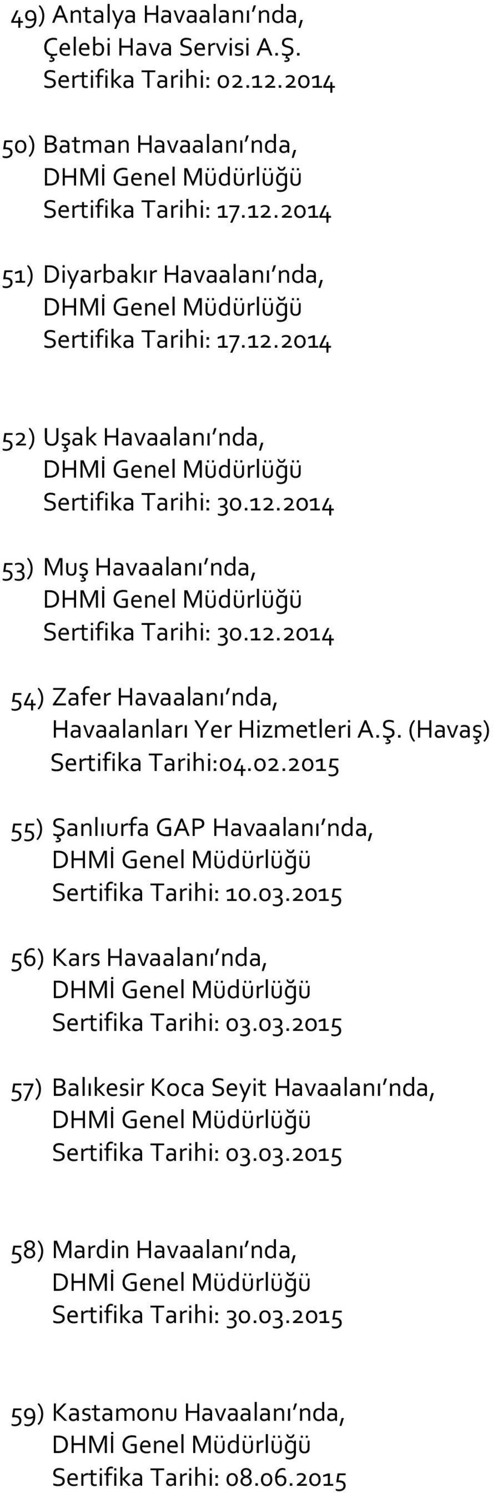 02.2015 55) Şanlıurfa GAP Havaalanı nda, Sertifika Tarihi: 10.03.2015 56) Kars Havaalanı nda, Sertifika Tarihi: 03.03.2015 57) Balıkesir Koca Seyit Havaalanı nda, Sertifika Tarihi: 03.