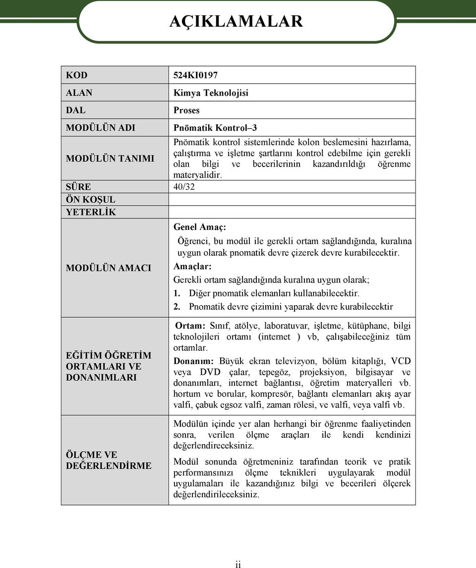 SÜRE 40/32 ÖN KOŞUL YETERLİK MODÜLÜN AMACI AÇIKLAMALAR Genel Amaç: Öğrenci, bu modül ile gerekli ortam sağlandığında, kuralına uygun olarak pnomatik devre çizerek devre kurabilecektir.