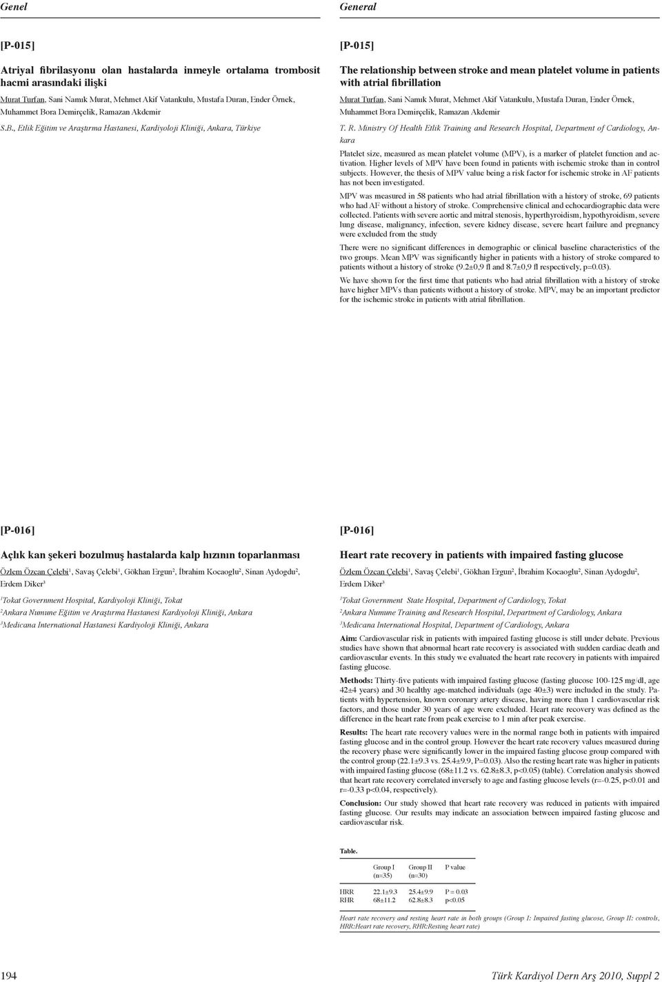 , Etlik Eğitim ve Araştırma Hastanesi, Kardiyoloji Kliniği, Ankara, Türkiye [P-05] The relationship between stroke and mean platelet volume in patients with atrial fibrillation Murat Turfan, Sani