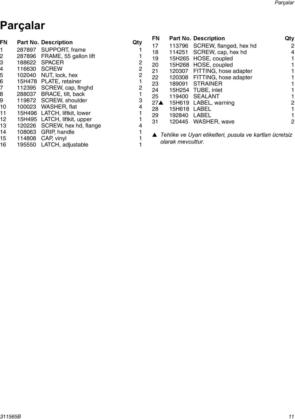 288037 BRACE, tilt, back 1 9 119872 SCREW, shoulder 3 10 100023 WASHER, flat 4 11 15H496 LATCH, liftkit, lower 1 12 15H495 LATCH, liftkit, upper 1 13 120226 SCREW, hex hd, flange 4 14 108063 GRIP,