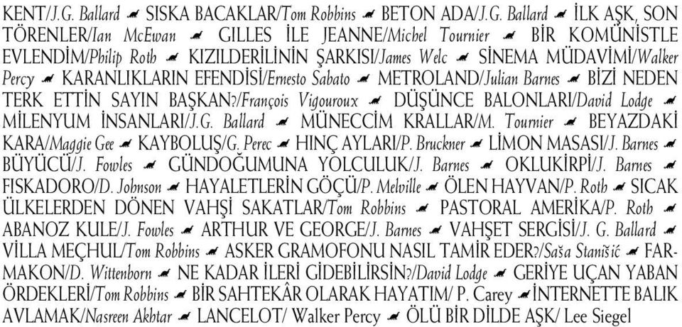 Ballard Ë LK AfiK, SON TÖRENLER/Ian McEwan Ë GILLES LE JEANNE/Michel Tournier Ë B R KOMÜN STLE EVLEND M/Philip Roth Ë KIZILDER L N N fiarkisi/james Welc Ë S NEMA MÜDAV M /Walker Percy Ë KARANLIKLARIN