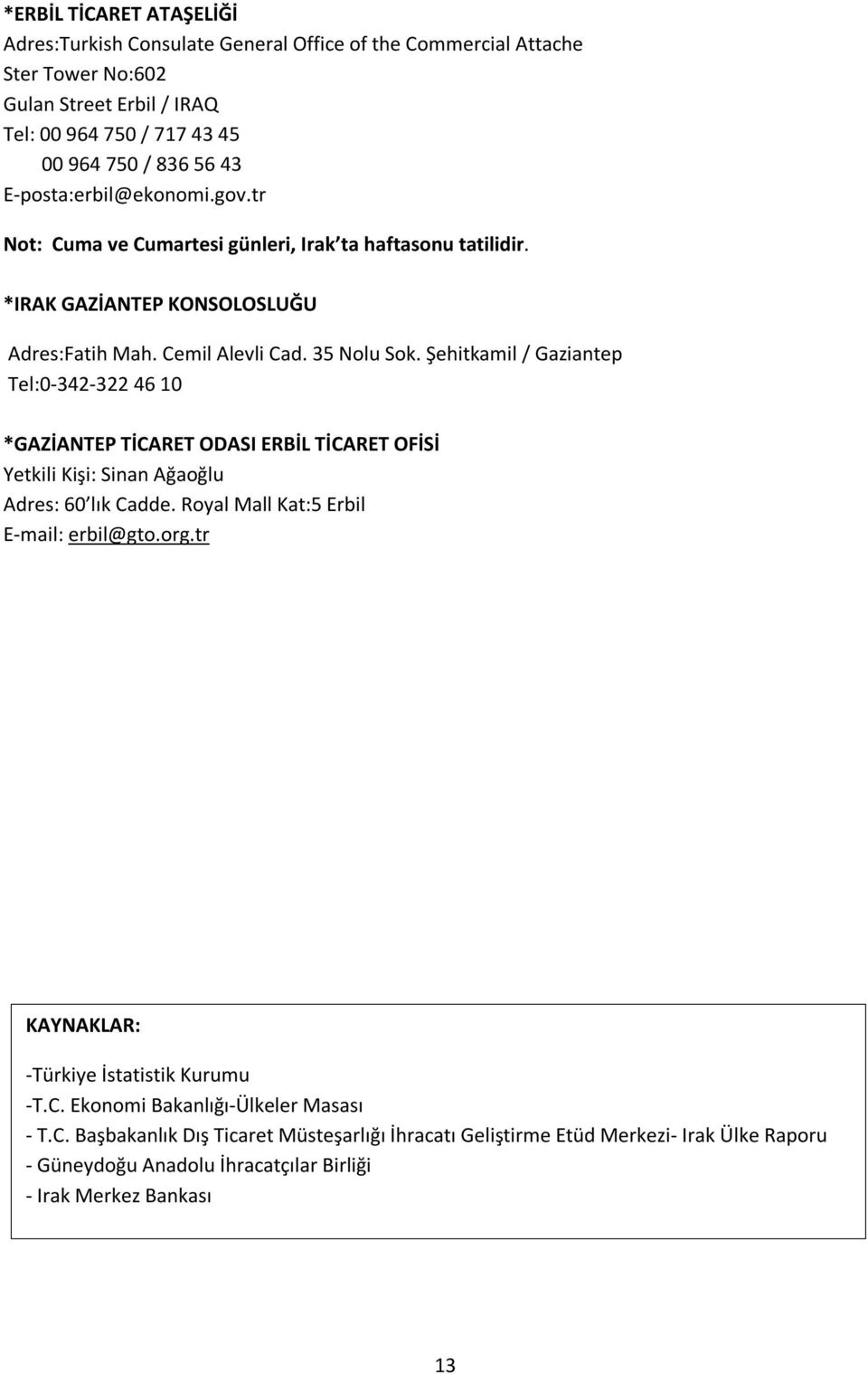 Şehitkamil / Gaziantep Tel:0-342-322 46 10 *GAZİANTEP TİCARET ODASI ERBİL TİCARET OFİSİ Yetkili Kişi: Sinan Ağaoğlu Adres: 60 lık Cadde. Royal Mall Kat:5 Erbil E-mail: erbil@gto.org.