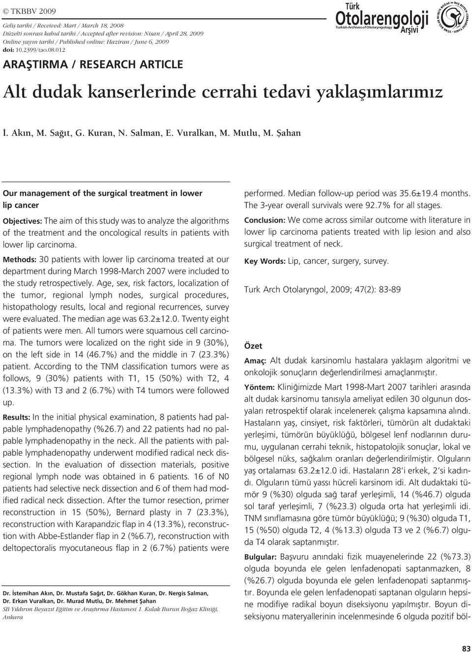 fiahan Our management of the surgical treatment in lower lip cancer Objectives: The aim of this study was to analyze the algorithms of the treatment and the oncological results in patients with lower