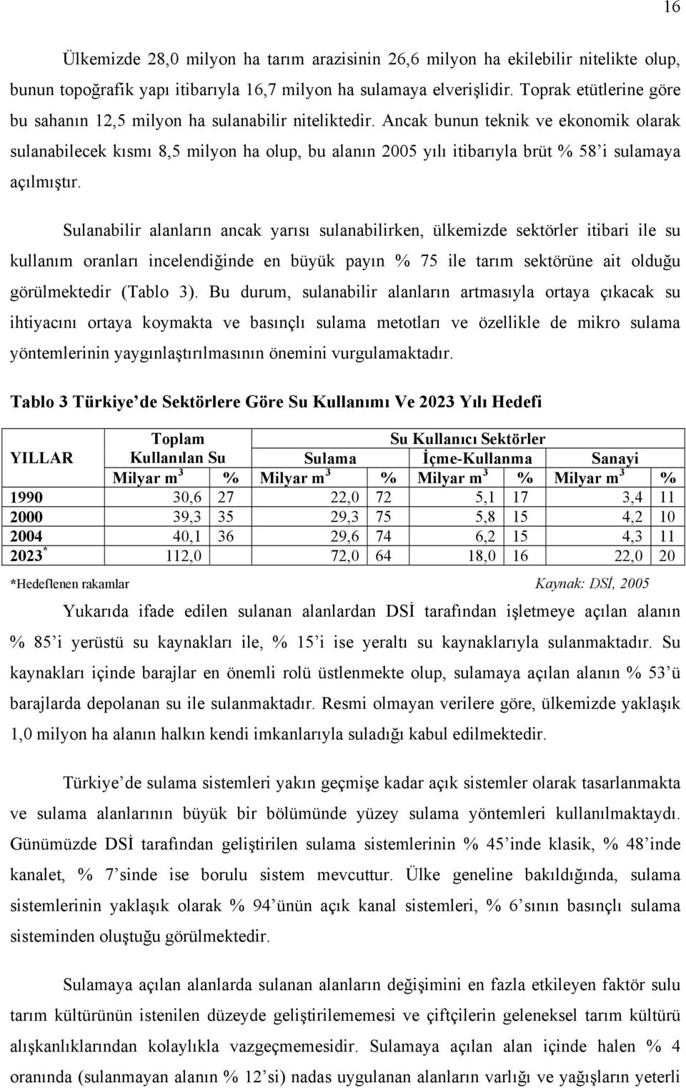 Ancak bunun teknik ve ekonomik olarak sulanabilecek kısmı 8,5 milyon ha olup, bu alanın 2005 yılı itibarıyla brüt % 58 i sulamaya açılmıştır.