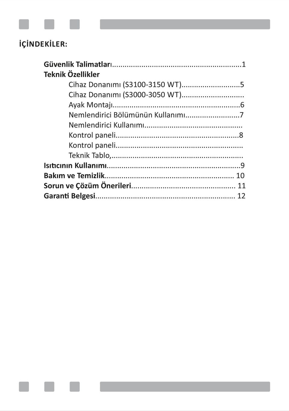 ..7 Nemlendirici Kullanımı... Kontrol paneli...8 Kontrol paneli... Teknik Tablo,.