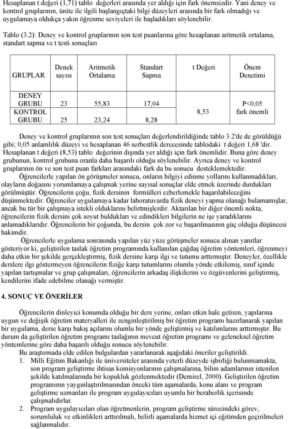 2): Deney ve kontrol gruplarının son test puanlarına göre hesaplanan aritmetik ortalama, standart sapma ve t testi sonuçları GRUPLAR Denek sayısı Aritmetik Ortalama Standart Sapma t Değeri Önem