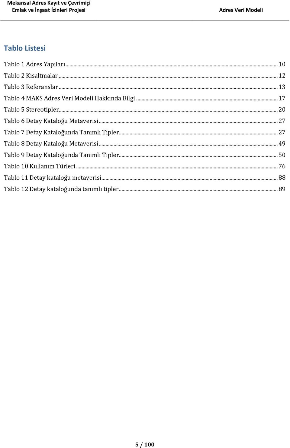 .. 27 Tablo 7 Detay Kataloğunda lı Tipler... 27 Tablo 8 Detay Kataloğu Metaverisi.