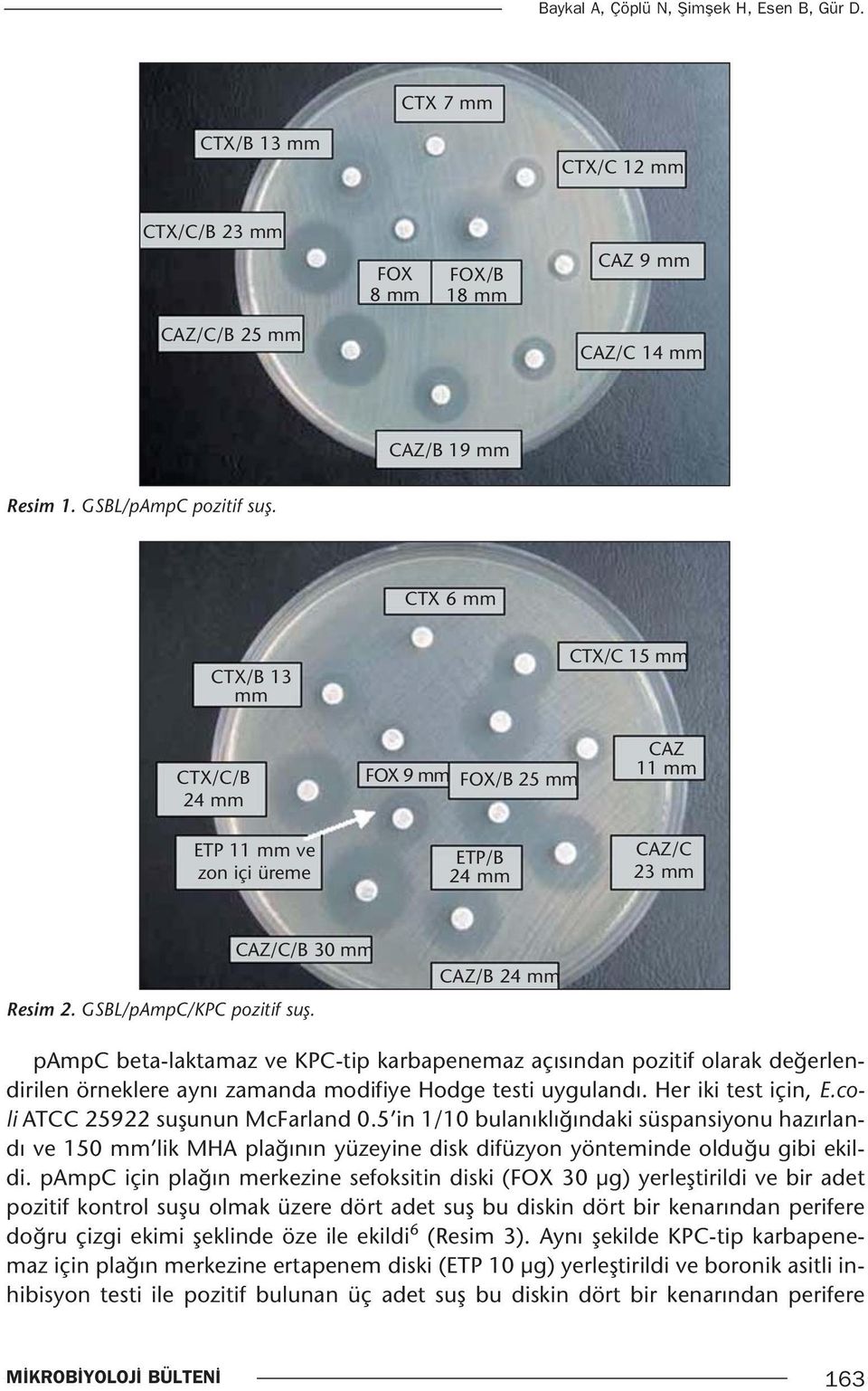 CAZ/B 24 mm pampc beta-laktamaz ve KPC-tip karbapenemaz açısından pozitif olarak değerlendirilen örneklere aynı zamanda modifiye Hodge testi uygulandı. Her iki test için, E.