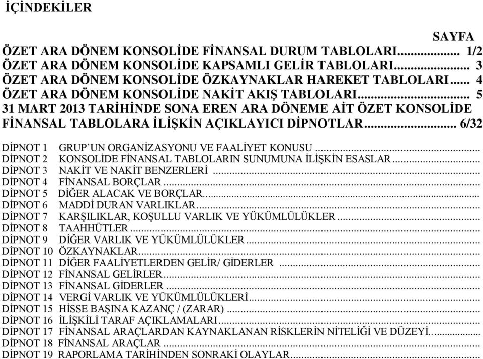 .. 6/32 DİPNOT 1 GRUP UN ORGANİZASYONU VE FAALİYET KONUSU... DİPNOT 2 KONSOLİDE FİNANSAL TABLOLARIN SUNUMUNA İLİŞKİN ESASLAR... DİPNOT 3 NAKİT VE NAKİT BENZERLERİ... DİPNOT 4 FİNANSAL BORÇLAR.