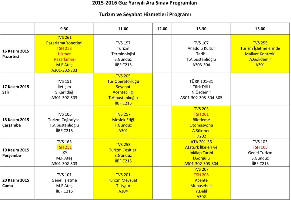 Çeşitleri TVS 201 Turizm Mevzuatı TVS 107 Anadolu Kültür Tarihi -304 TÜRK 101-31 -304-305 TVS 203 TSH 201 Biletleme Otomasyonu A.